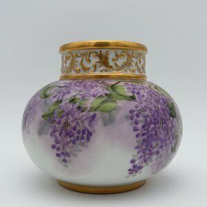 Limoges Antique Vase Hand Painted Floral Vine Gold Design 6 in